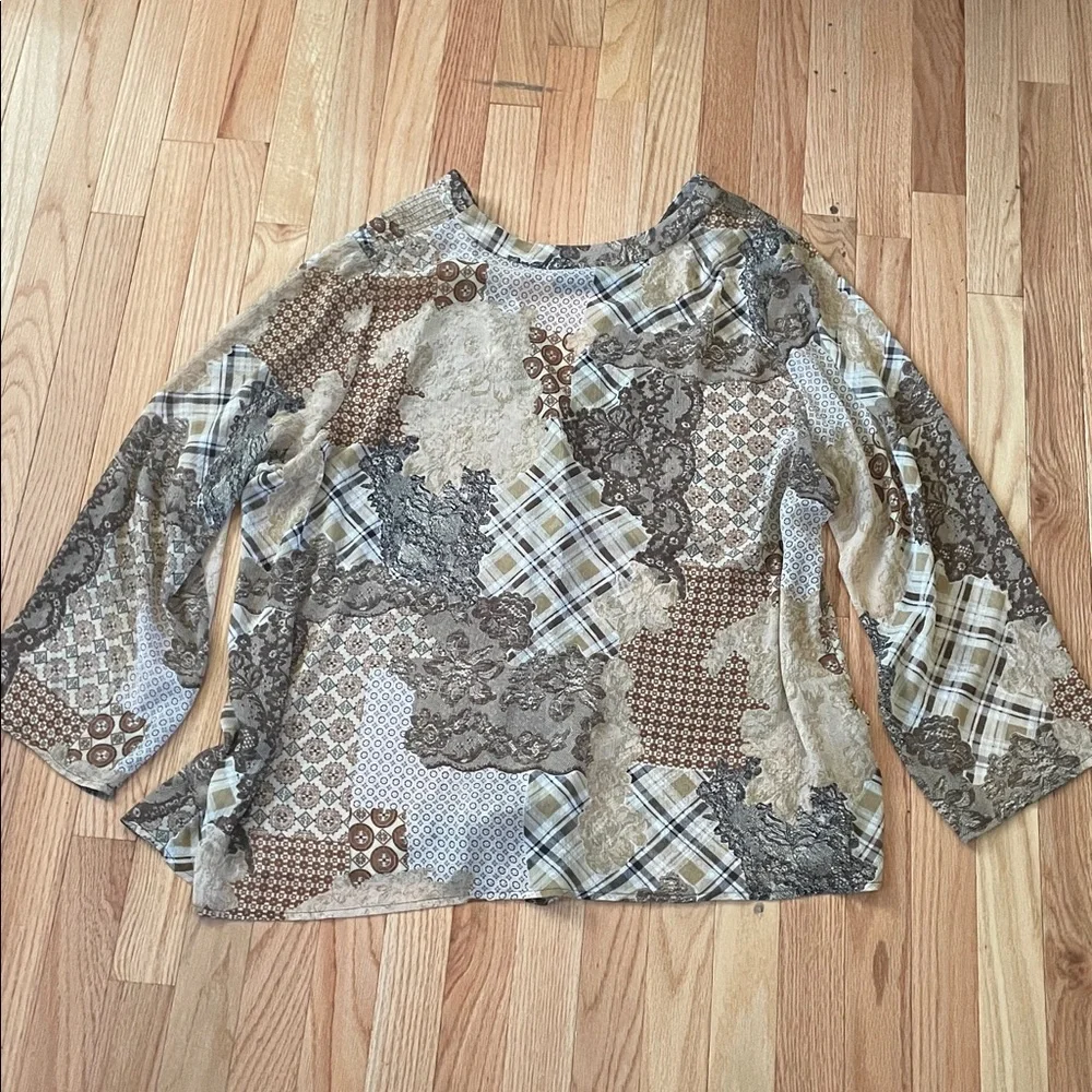 Susan Graver Top Womens 2x Brown Patchwork Print Button Up Boho Coastal Casual - Picture 9 of 10